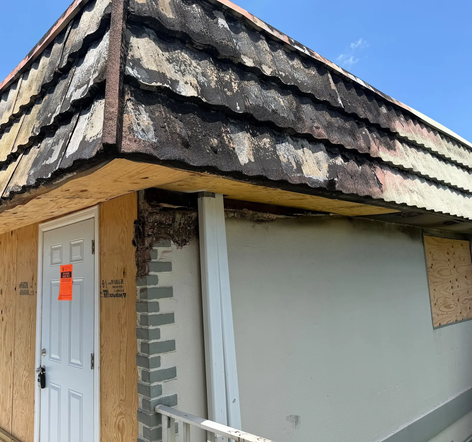 Close up of burned tile roof eave